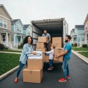 Family packing for a move with boxes and a moving truck