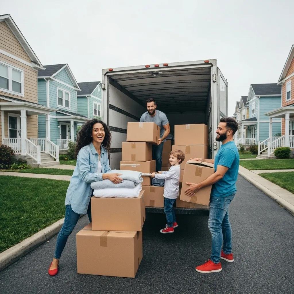 Family packing for a move with boxes and a moving truck