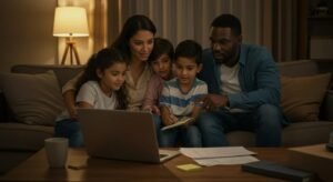 Family discussing moving estimates with a laptop and notepad in a cozy living room