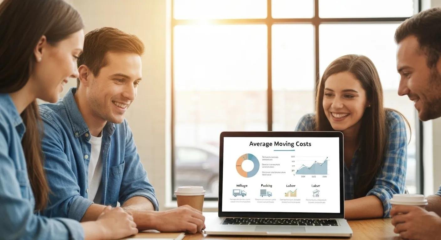 A group of people discussing moving costs while looking at a laptop, illustrating average moving expenses