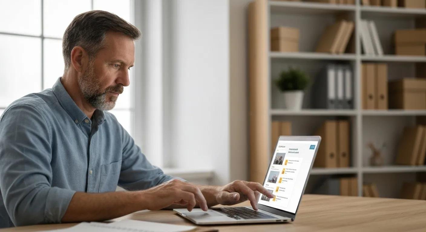 Person reading trustworthy moving company reviews on a laptop, highlighting the importance of research