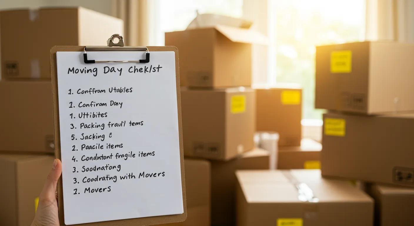 Moving day checklist on a clipboard with packed boxes in the background