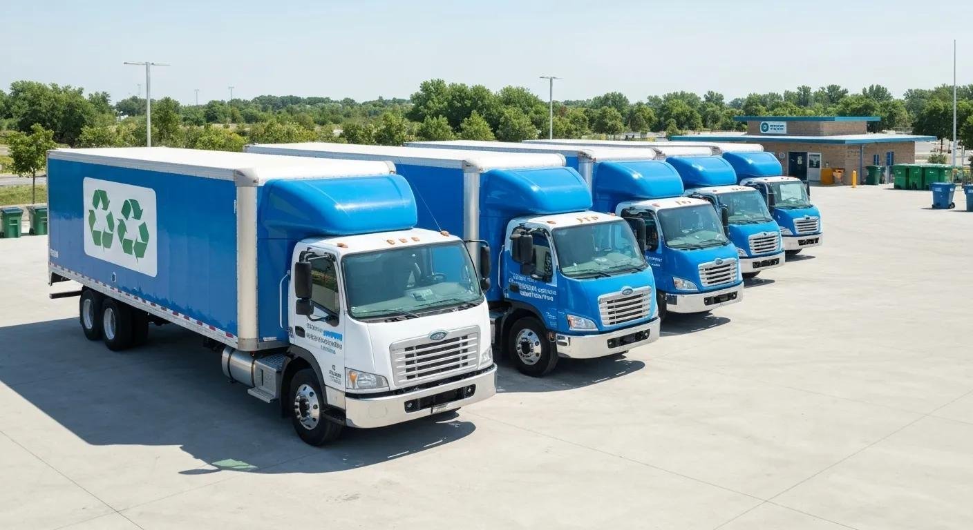 Fleet of fuel-efficient moving trucks at a recycling center, representing eco-friendly moving services