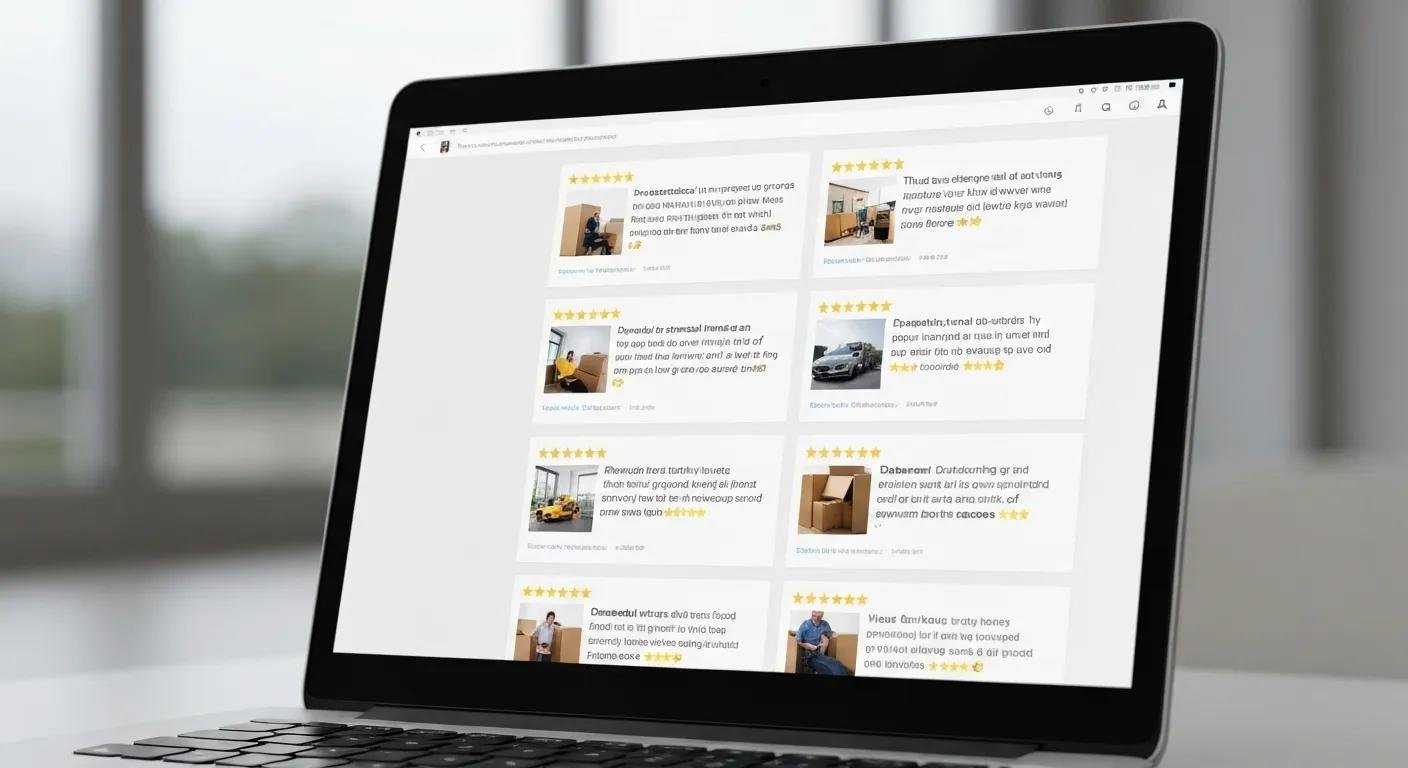 A laptop screen displaying positive online reviews for a moving company