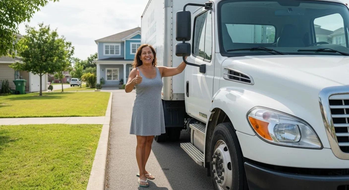 Happy client giving a thumbs-up next to a moving truck, representing positive customer experiences