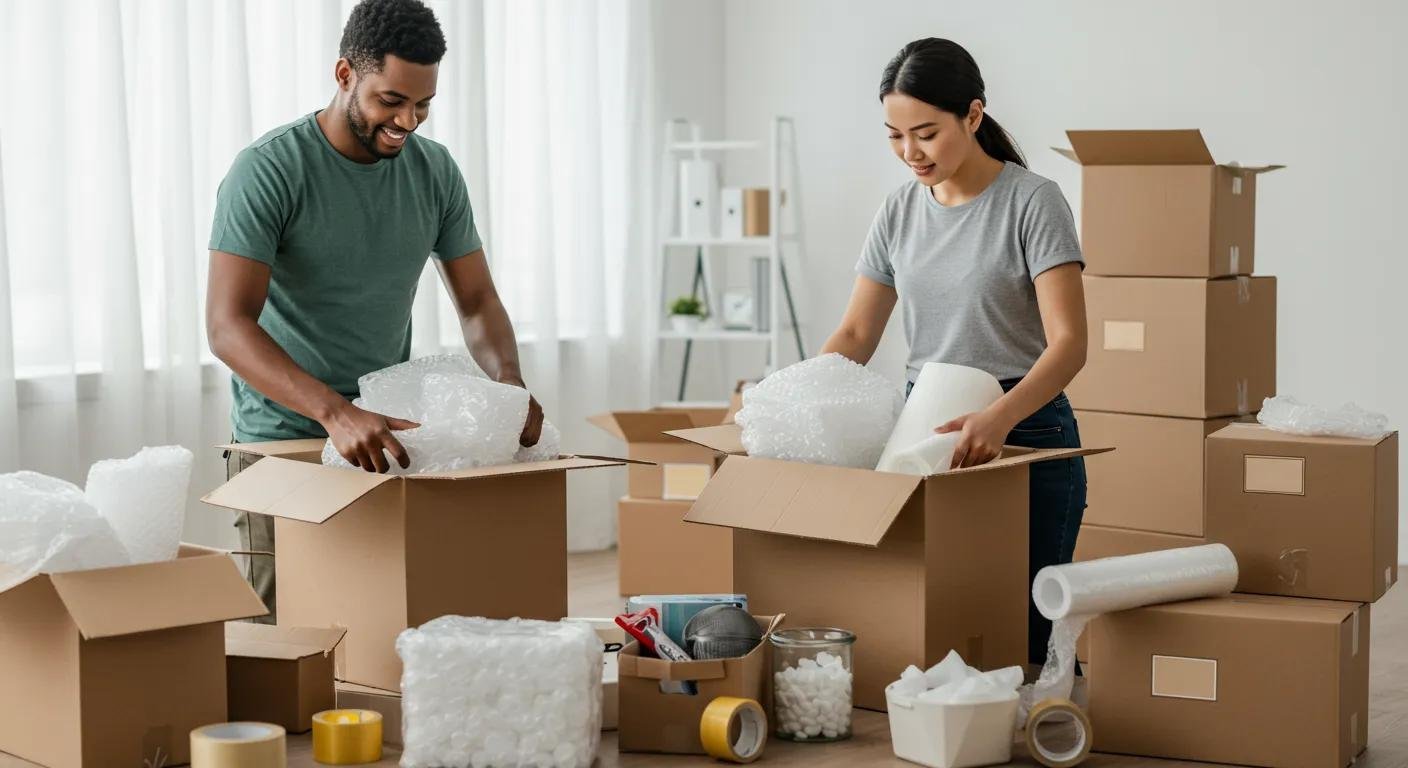 Professional movers packing items into boxes with packing materials in an organized space