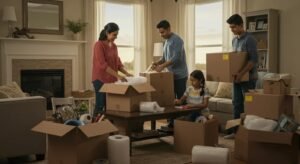 Family preparing for a move with packing boxes and materials in a cozy living room