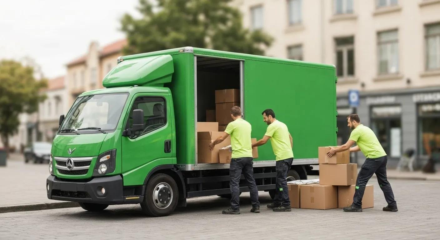 Eco-friendly moving practices with a sustainable truck and reusable packing materials, highlighting green logistics
