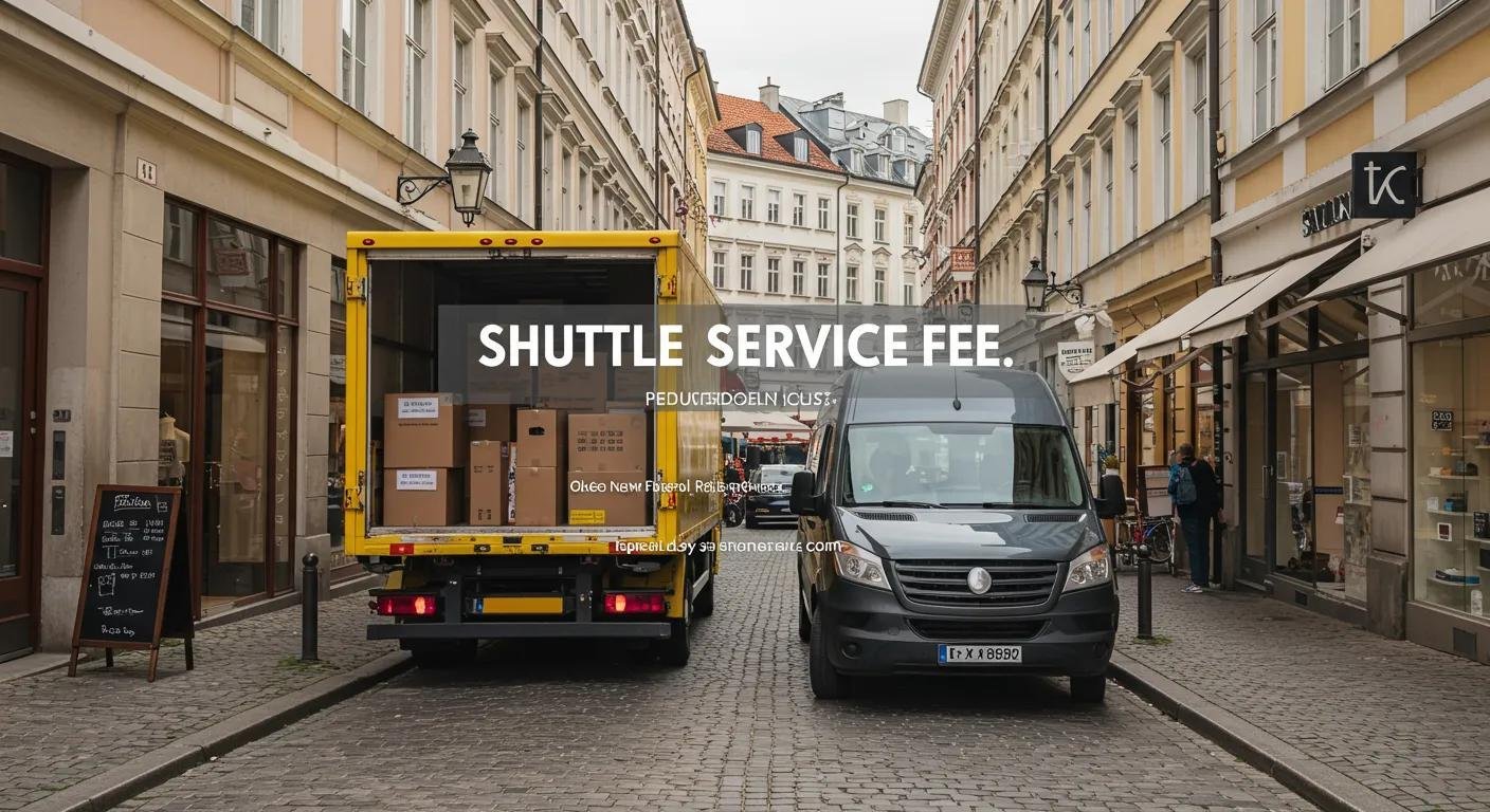 Moving truck and shuttle vehicle on a narrow street illustrating shuttle service fee