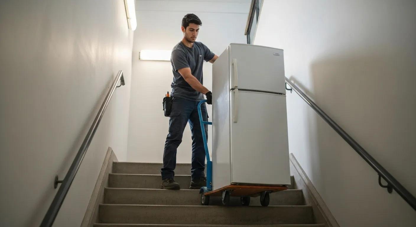 Mover using an appliance dolly to transport a refrigerator safely down stairs, showcasing safe handling techniques