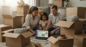 Family using a moving cost calculator at home, surrounded by moving boxes