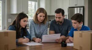 Family reviewing moving contract with concern, highlighting awareness of moving scams