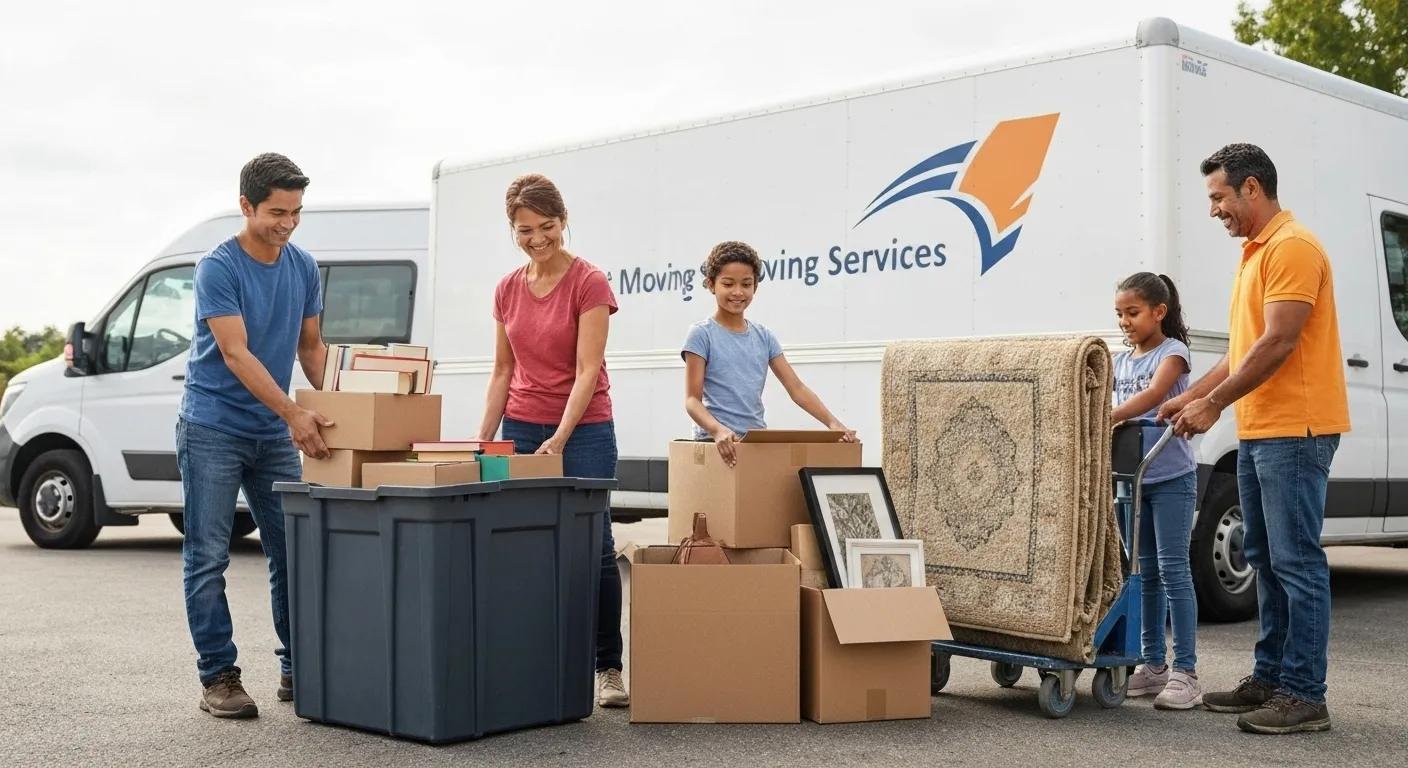 Family packing for a move, showcasing the types of moving services available