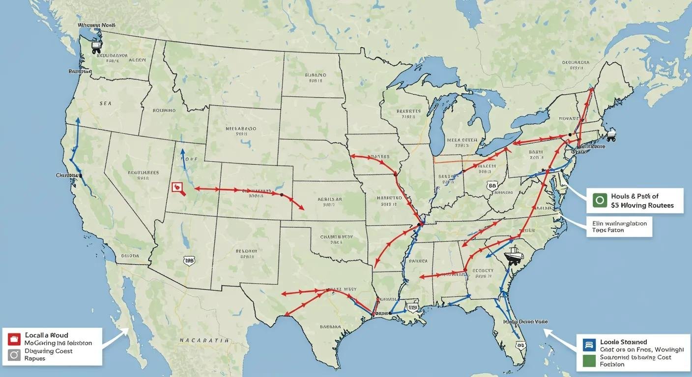 Map illustrating local and long-distance moving routes, emphasizing distance as a cost factor