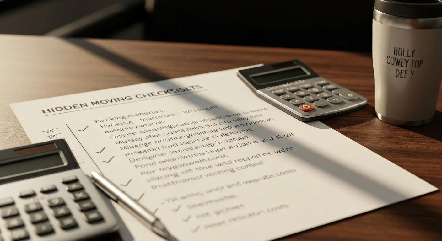 Checklist of hidden moving costs with calculator and coffee cup