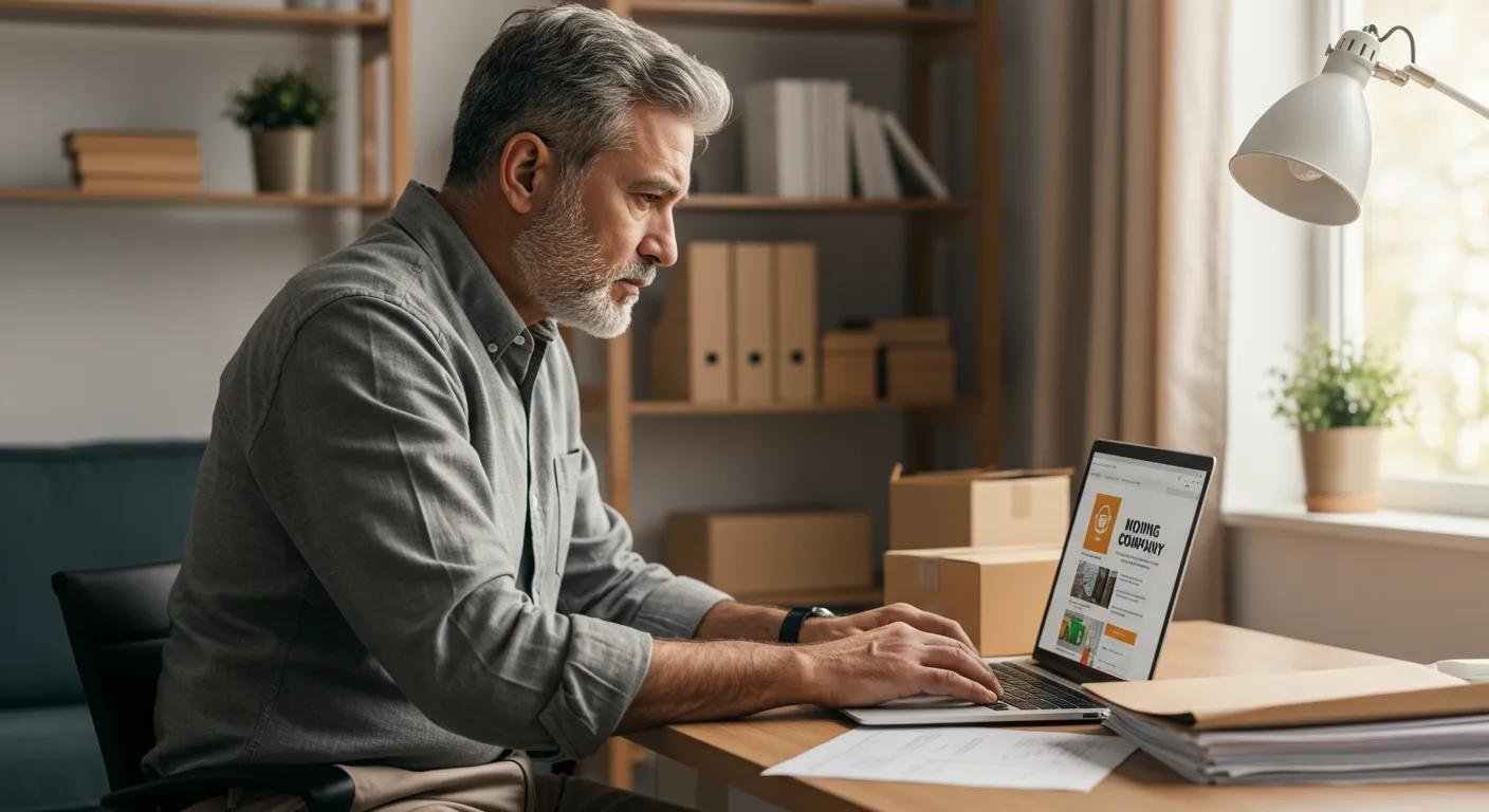 Person verifying moving company credentials on a laptop in a home office