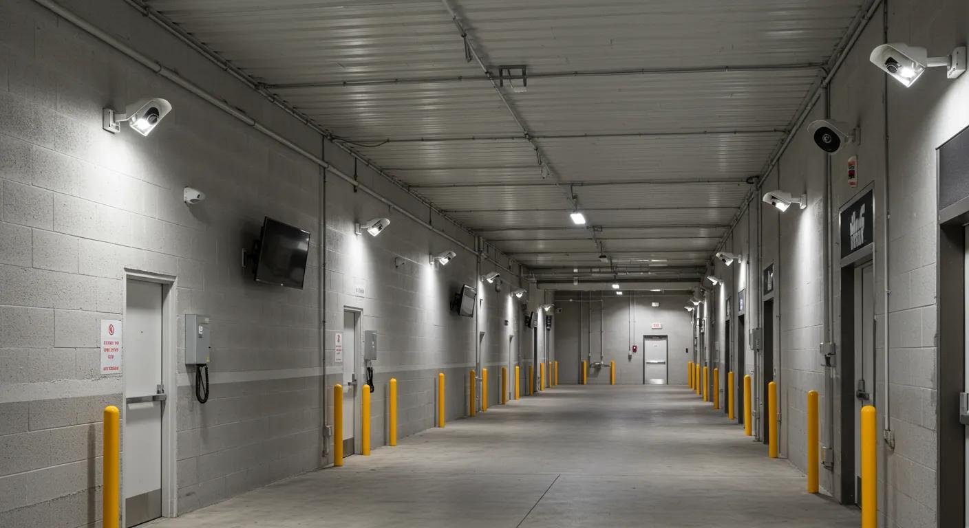 Security features in a moving company storage facility, highlighting surveillance and protection for stored belongings