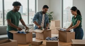 Professional packing team efficiently packing boxes in a modern living room
