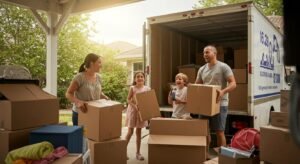 Family packing for a move with boxes and a moving truck