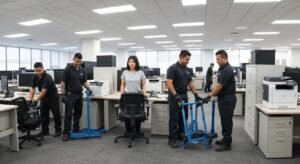 Professional commercial movers packing office equipment for a business relocation