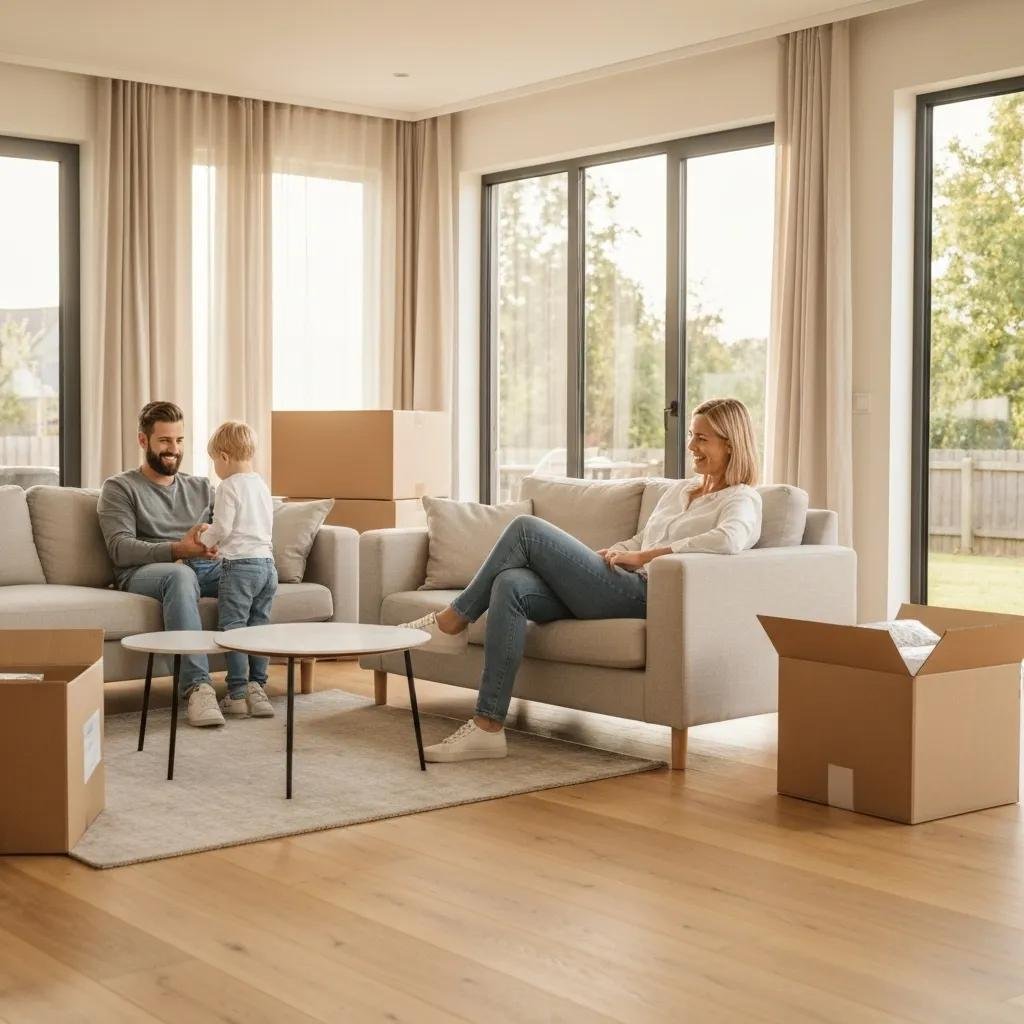 A happy family relaxing in their new home, illustrating the stress reduction benefits of full-service moving