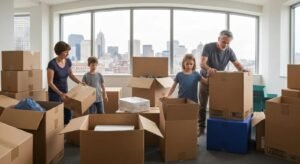 Family preparing for a move in Boston with boxes and packing materials