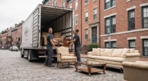 Skilled movers carefully loading furniture into a truck in a charming Boston neighborhood, symbolizing trust and expertise