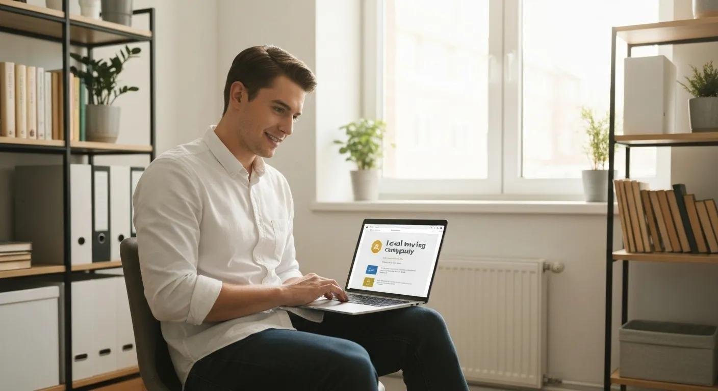 A person in a home office reading positive online reviews for a local moving company on their laptop