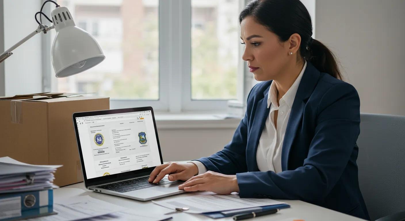 Person verifying moving company licenses and registrations on a laptop