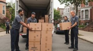Boston moving crew carefully unloading boxes from a truck, showing dependable service