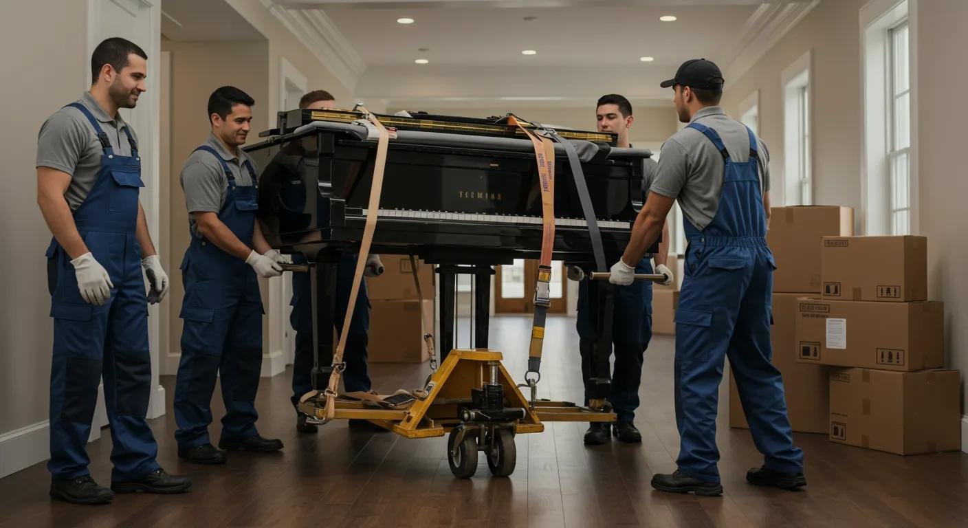 Professional movers safely transporting a grand piano using specialized equipment