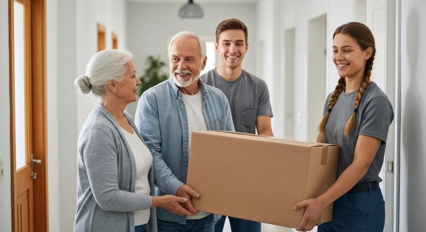 A senior couple receiving moving assistance, illustrating compassionate moving services