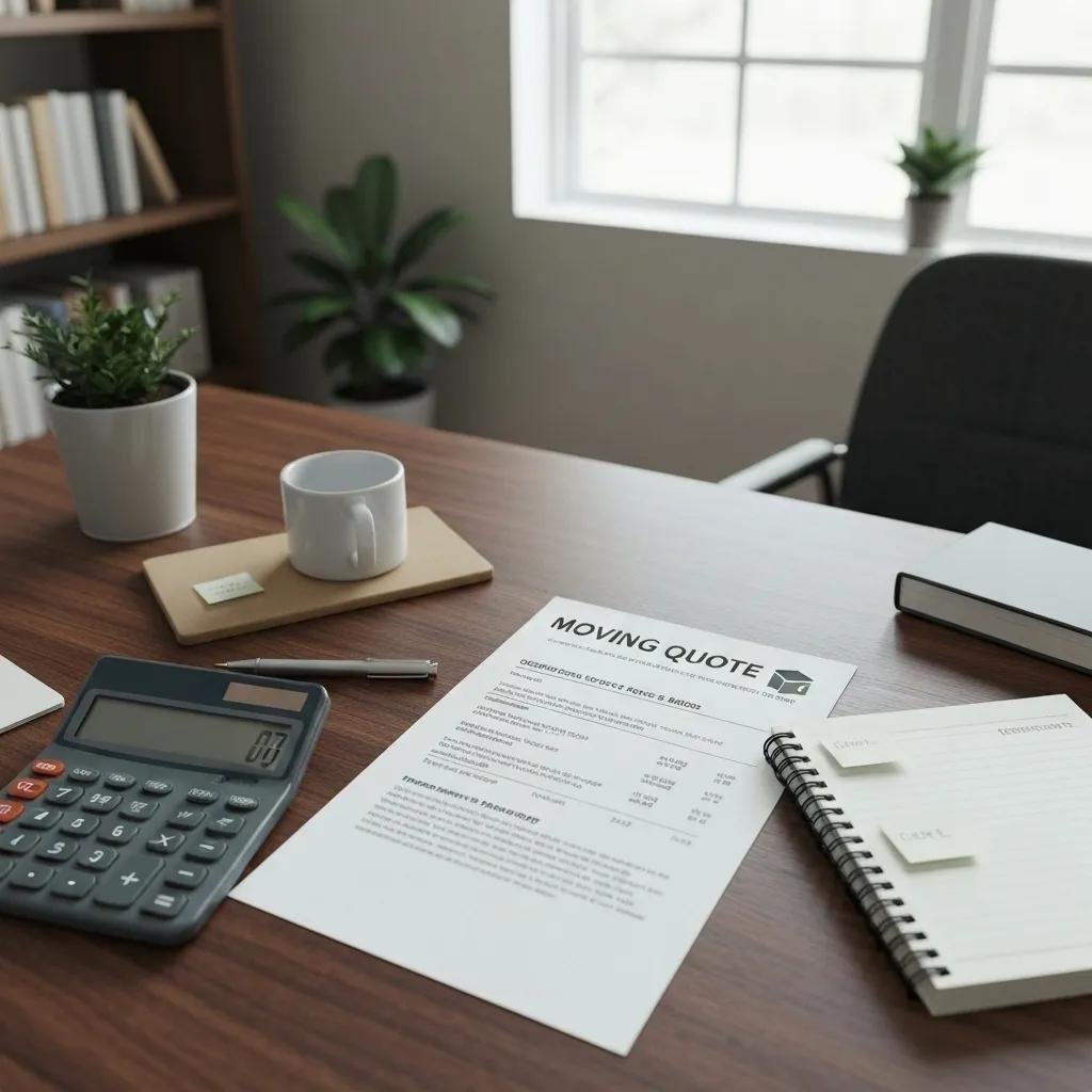 Close-up of a moving quote document, calculator, and notepad for budgeting local moving costs