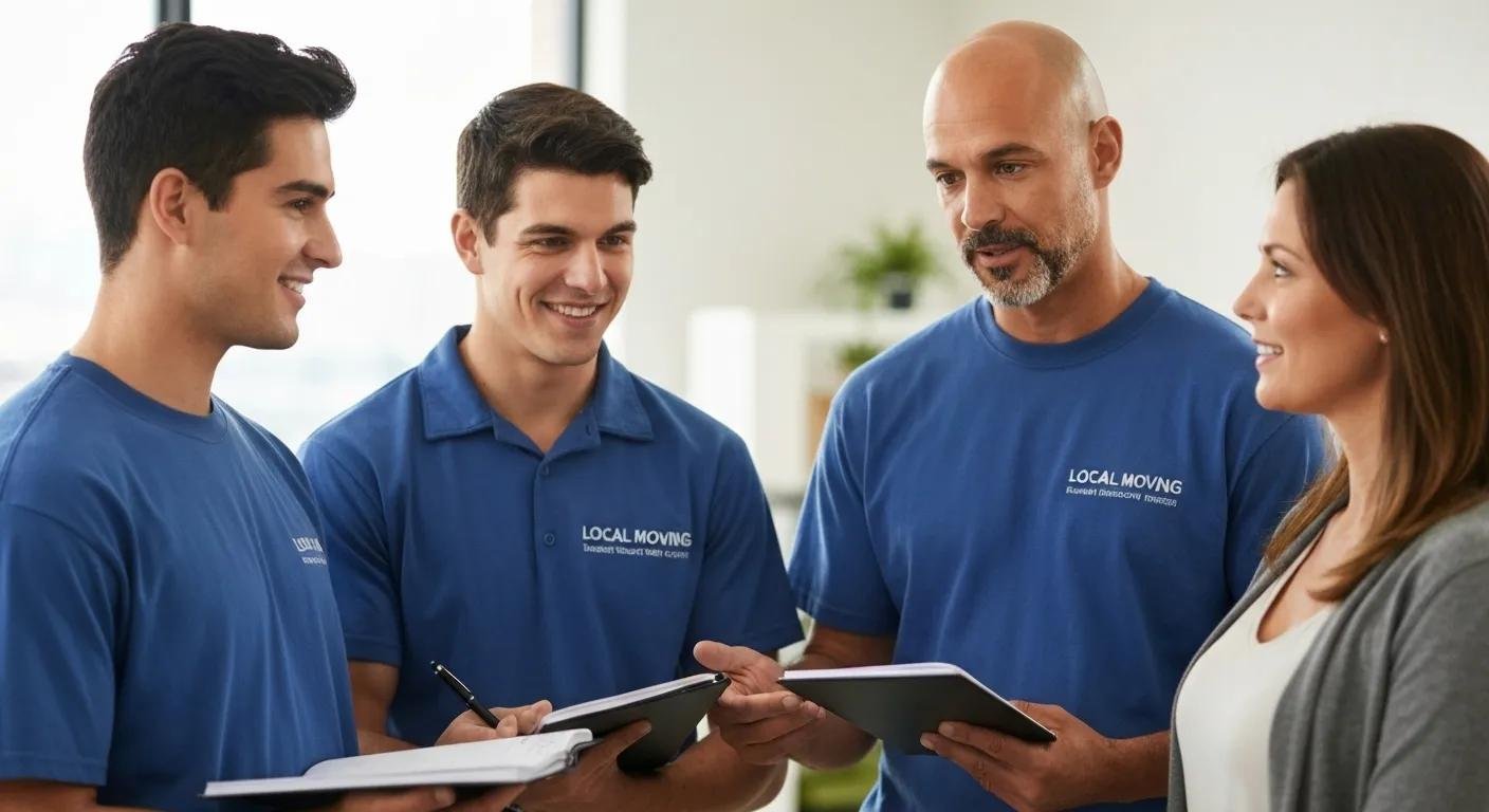 Local movers consulting with a homeowner about moving logistics, emphasizing trust and professionalism