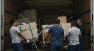 Professional movers loading furniture into a truck, illustrating secure and efficient moving and storage solutions