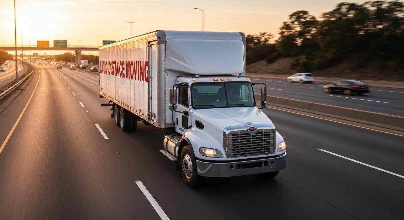 Long-distance moving truck on a highway, illustrating interstate logistics for commercial moves