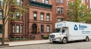 Boston moving truck parked in front of a historic brownstone, symbolizing local moving services
