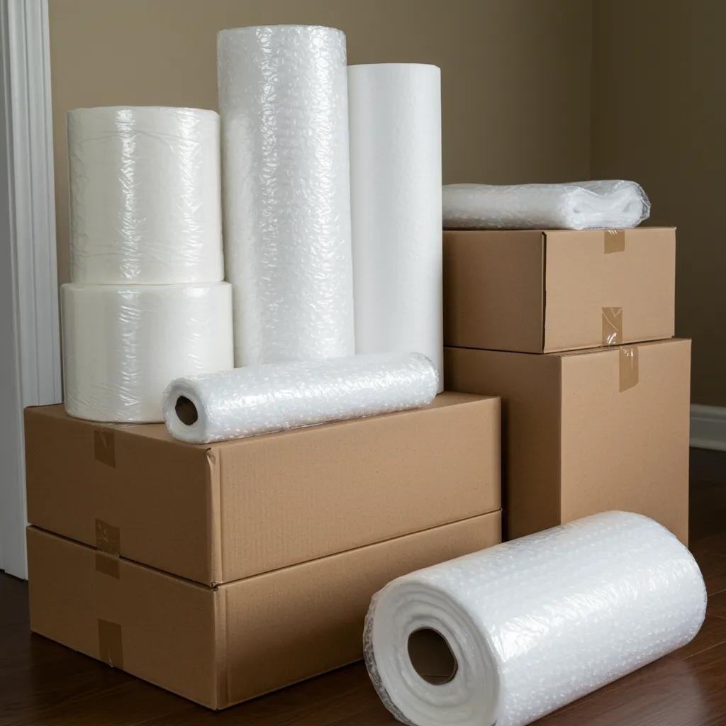 Display of packing materials like bubble wrap and boxes for protecting fragile items during a move
