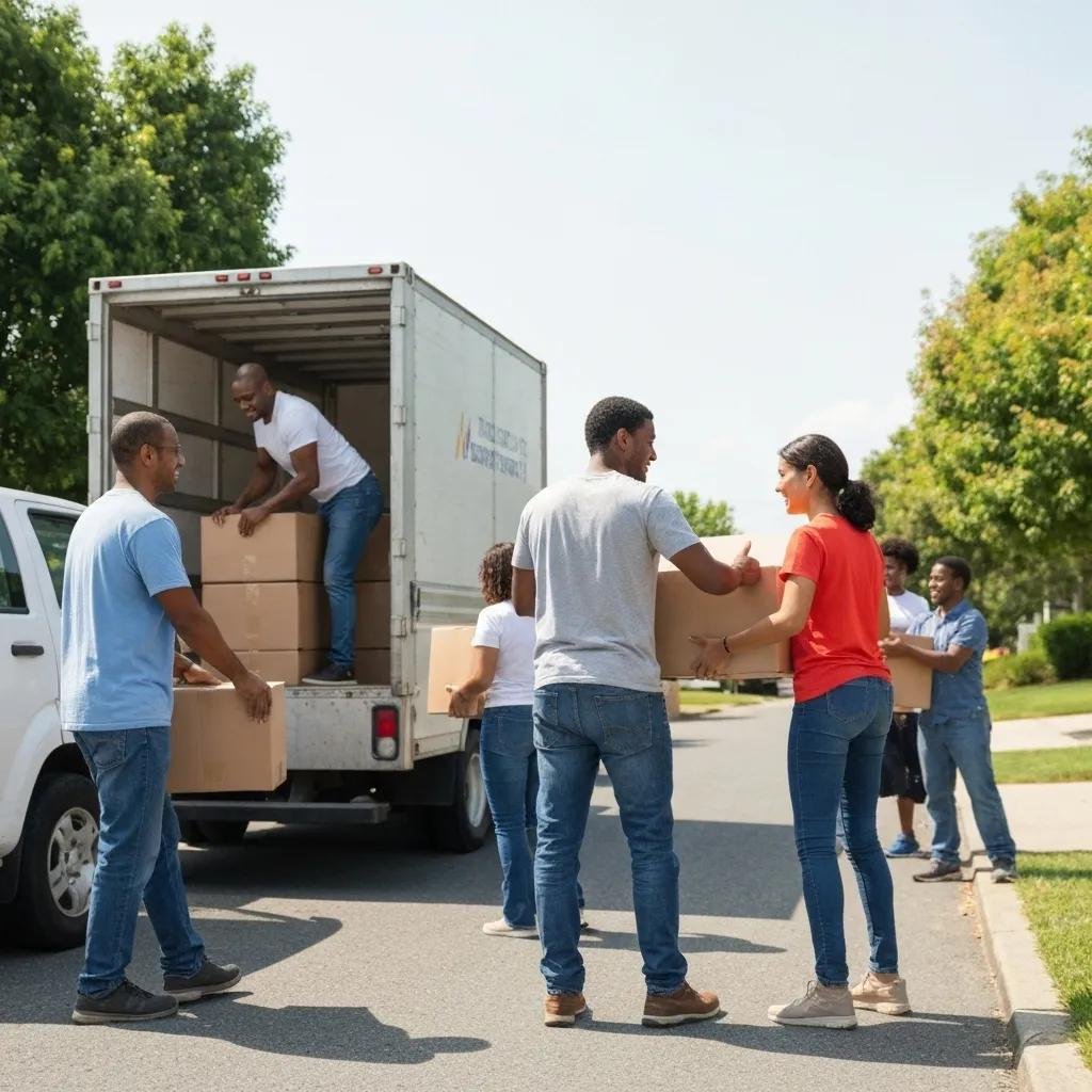 Diverse group of people loading boxes into a rental truck during a local move