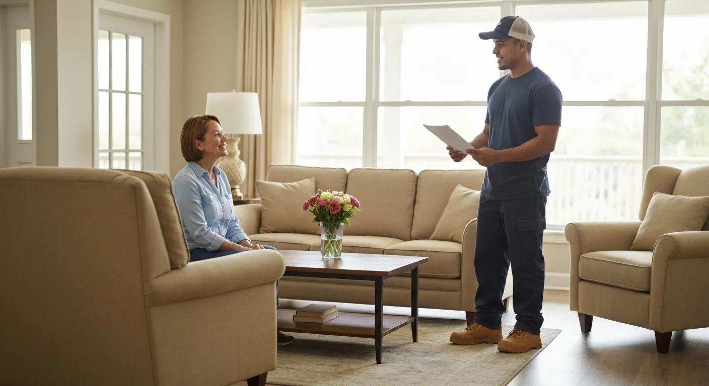 A mover conducting an in-home estimate with a homeowner in a living room
