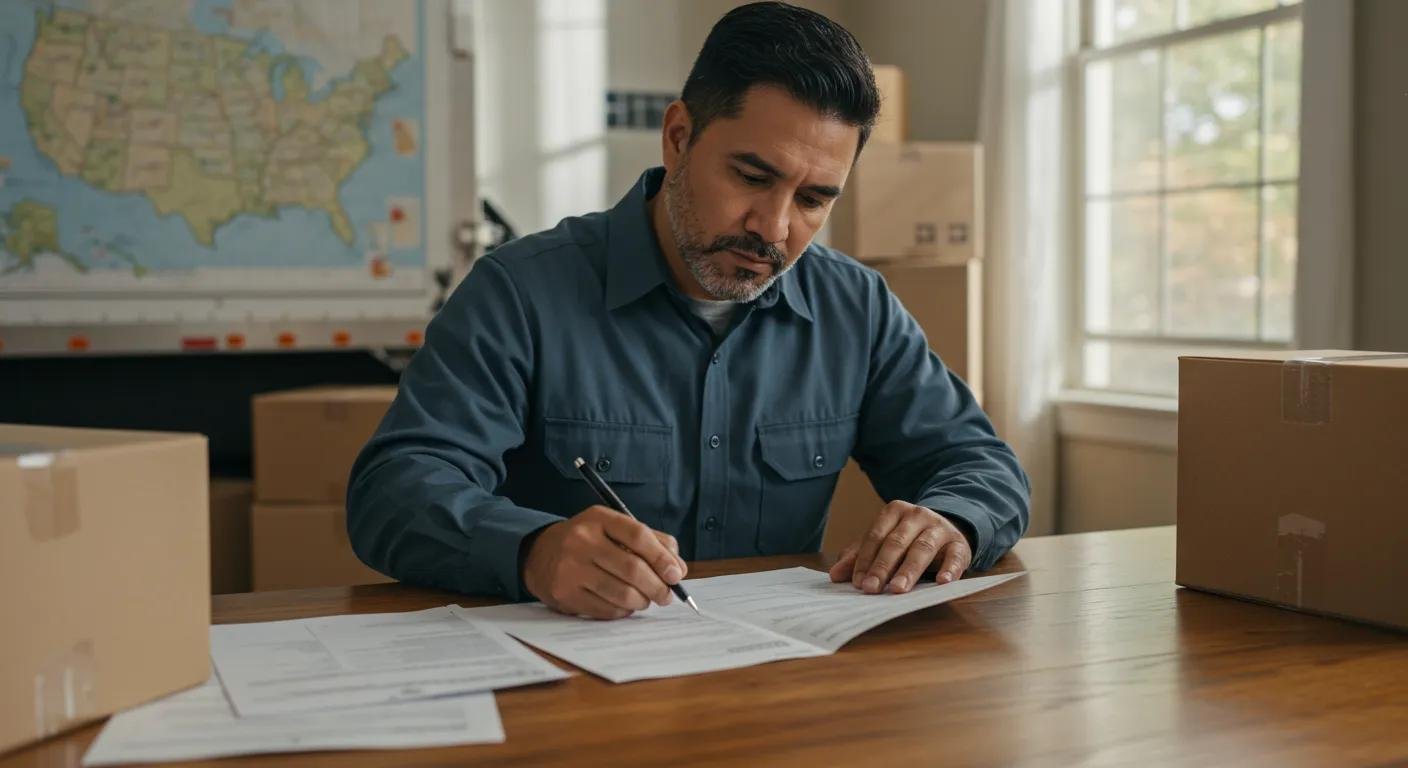 Mover reviewing interstate moving regulations with a truck and map in the background