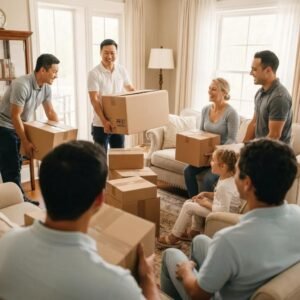 Family interacting with professional movers in a bright living room, showcasing teamwork and professionalism