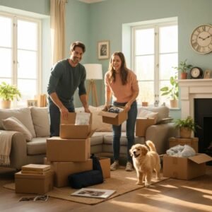 Family packing for a move, showcasing moving boxes and a cozy living room