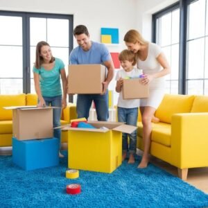 Family packing for a move, showcasing teamwork and excitement in a cozy living room