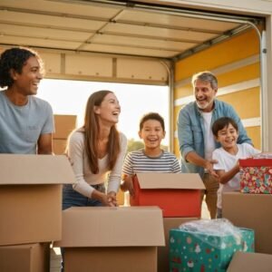 Family packing for a residential move, showcasing excitement and preparation for relocation