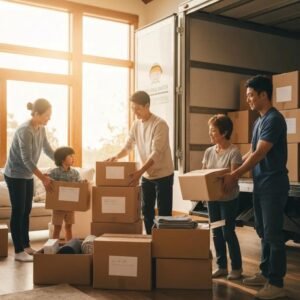 Family preparing for a long distance move with organized packing and a moving truck