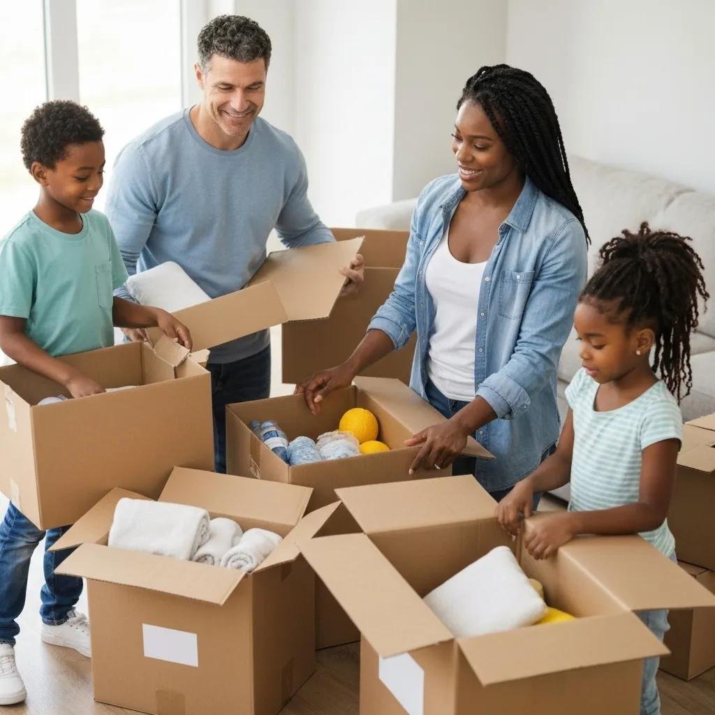 Family unpacking boxes in their new home, creating an organized space