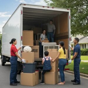 A friendly moving crew carefully packing belongings into a truck on a suburban street