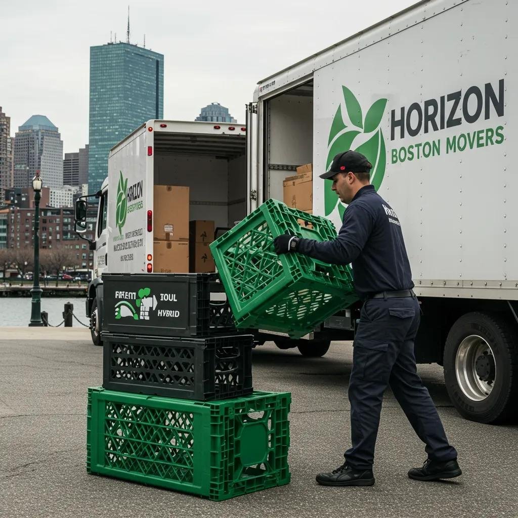 Horizon Boston Movers team member loading reusable crates into a hybrid truck, showcasing green moving solutions