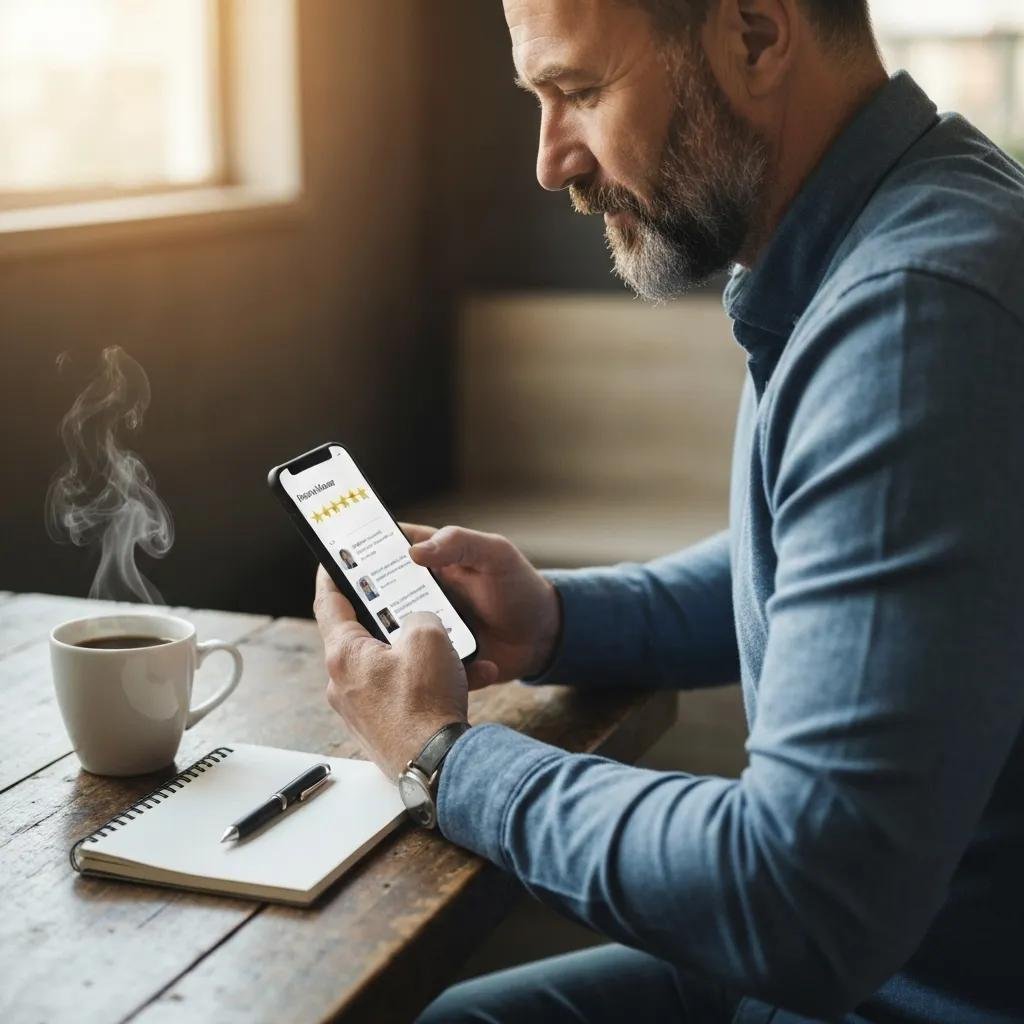 Individual reading online reviews on a smartphone, highlighting the importance of evaluating customer feedback